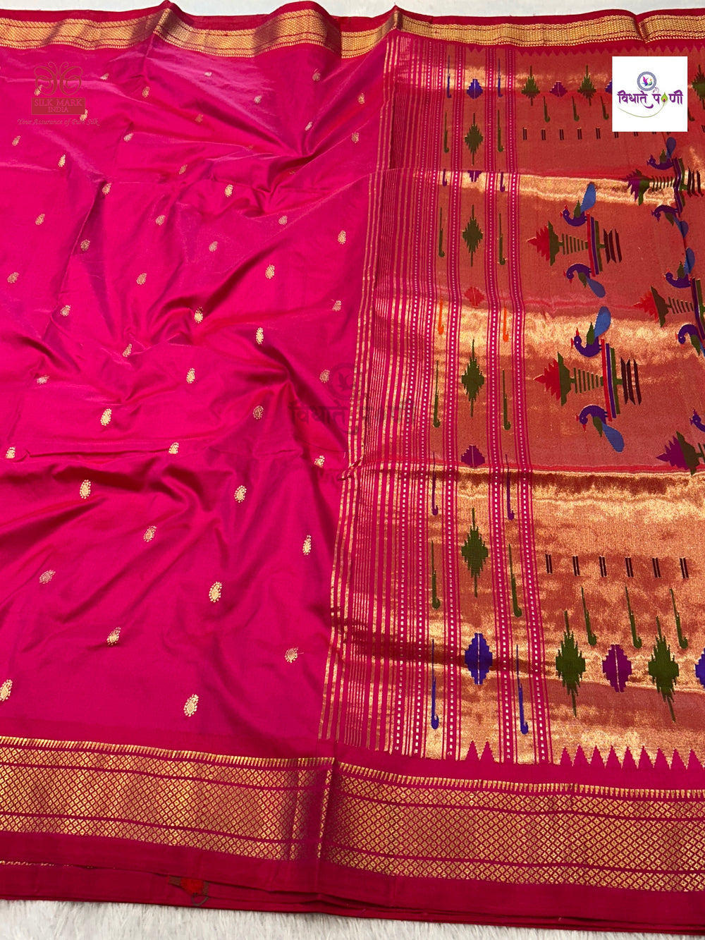 Handloom Pure Silk Double Pallu Paithani Saree - Hot Pink