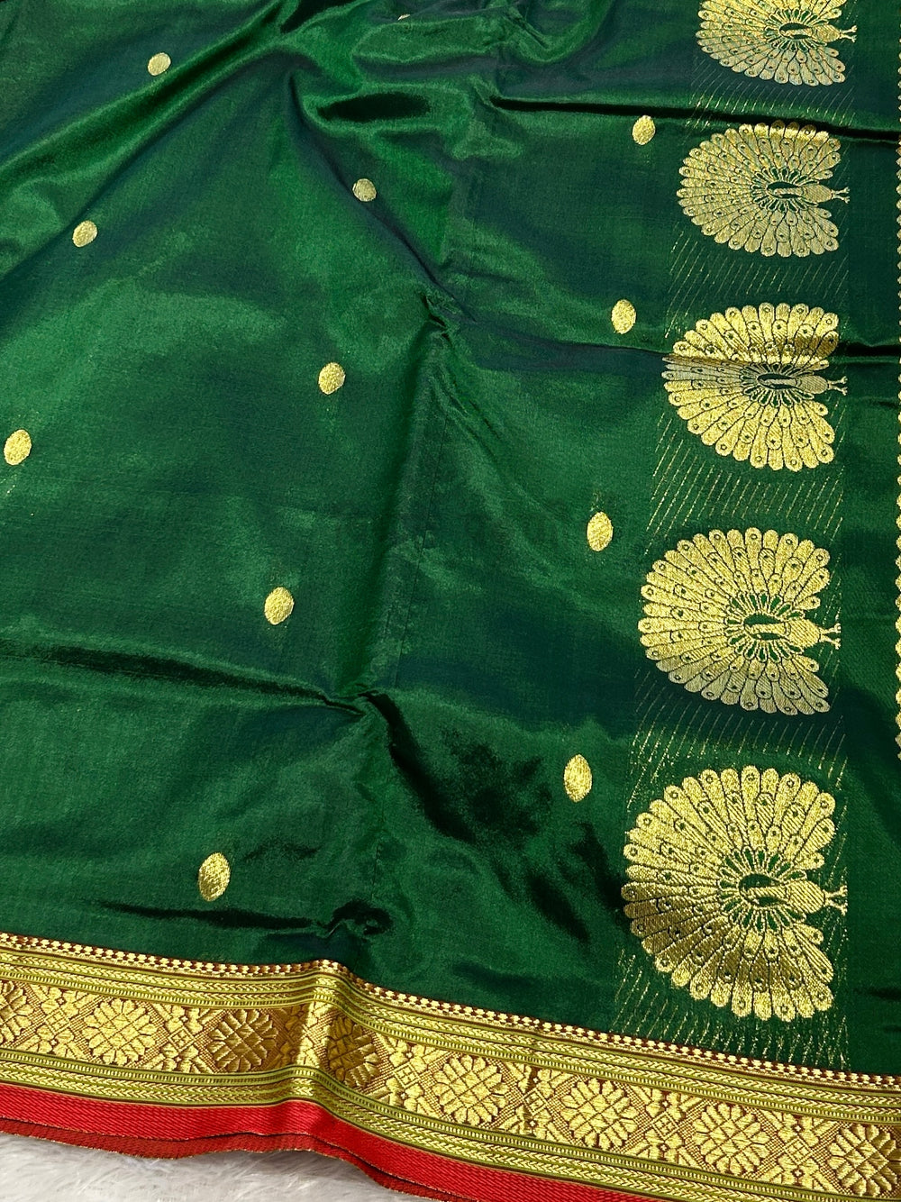 Jijamata Single Ply Pure Silk Saree - Bottle Green