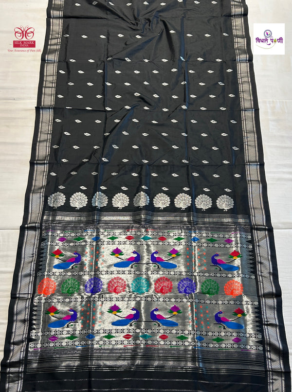 Handloom Pure Silk Silver Zari Paithani - Designer Pallu - Black