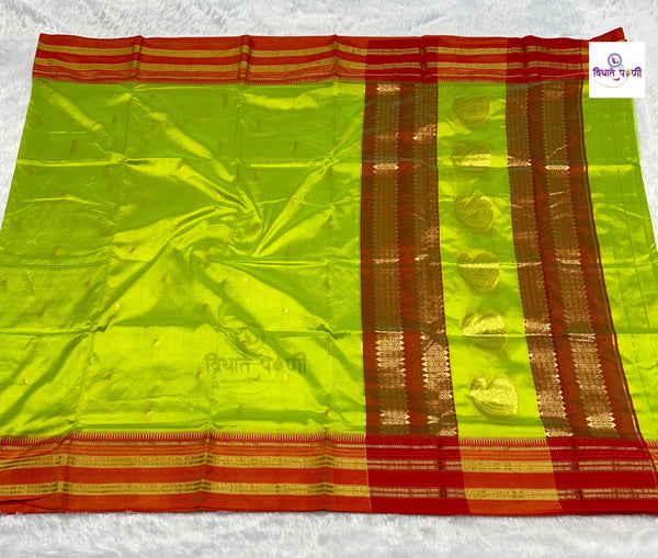 Narayanpeth Single Ply Pure Silk Saree - Parrot Green