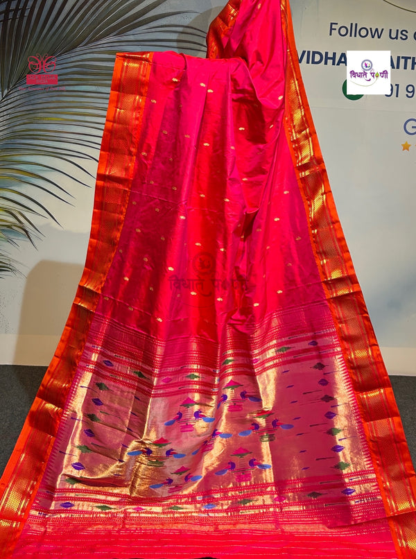 Handloom Pure Silk Double Pallu Paithani Saree - Red-Pink Mix