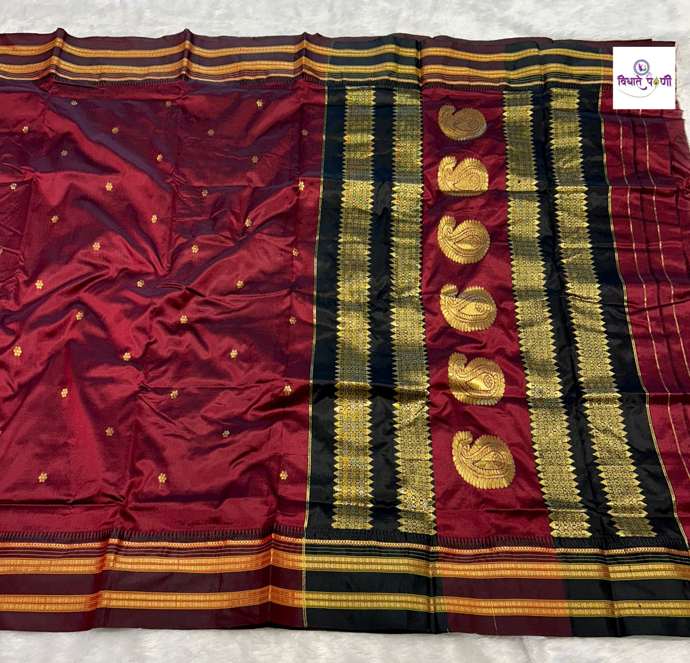Narayanpeth Single Ply Pure Silk Saree - Self Marron — full saree draped and laid flat — Vidhate Paithani, Yeola