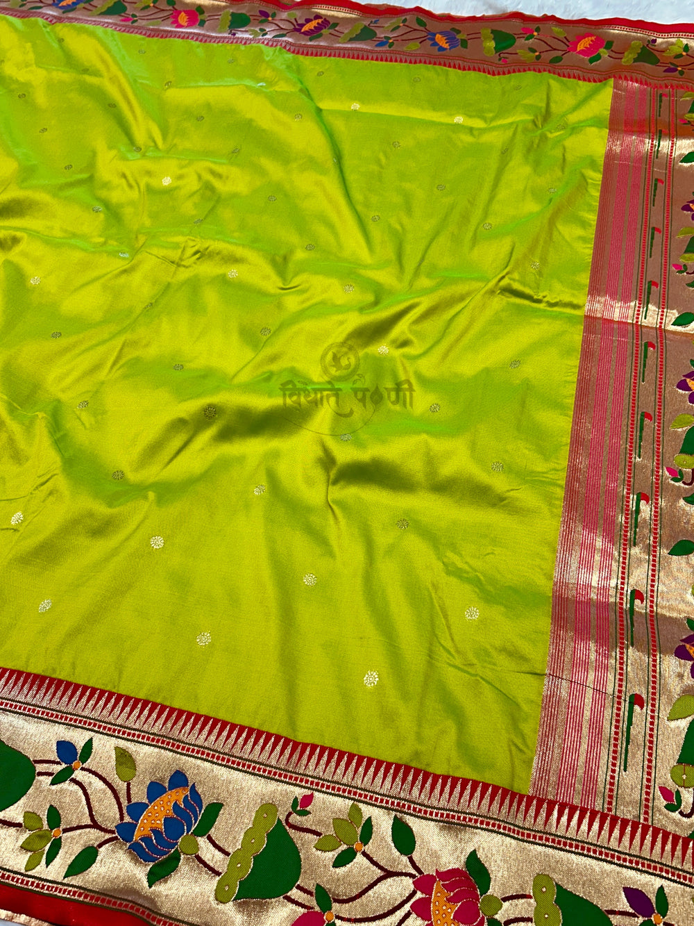 Lotus Border Soft Silk Paithani Sarees - Lime Green