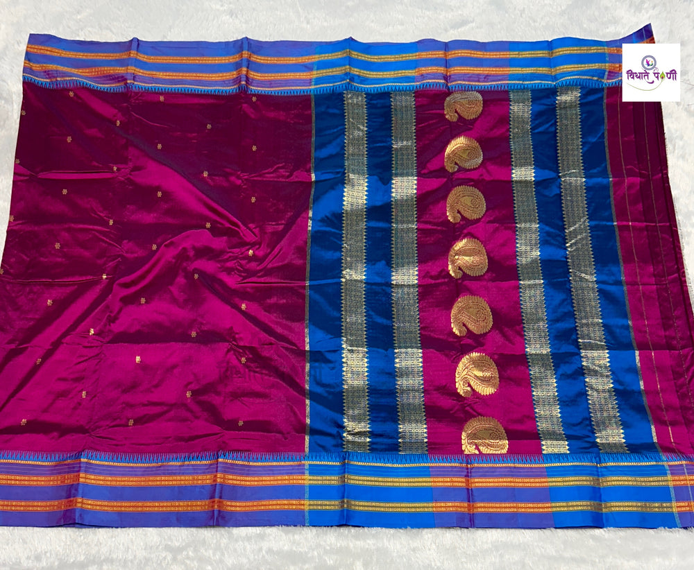 Dark Magenta Narayanpeth Single Ply Pure Silk Saree — full saree draped and laid flat — Vidhate Paithani, Yeola
