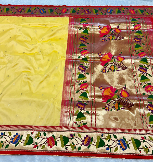Powerloom Soft Silk Lotus Border Paithani Sarees- Pastel Yellow