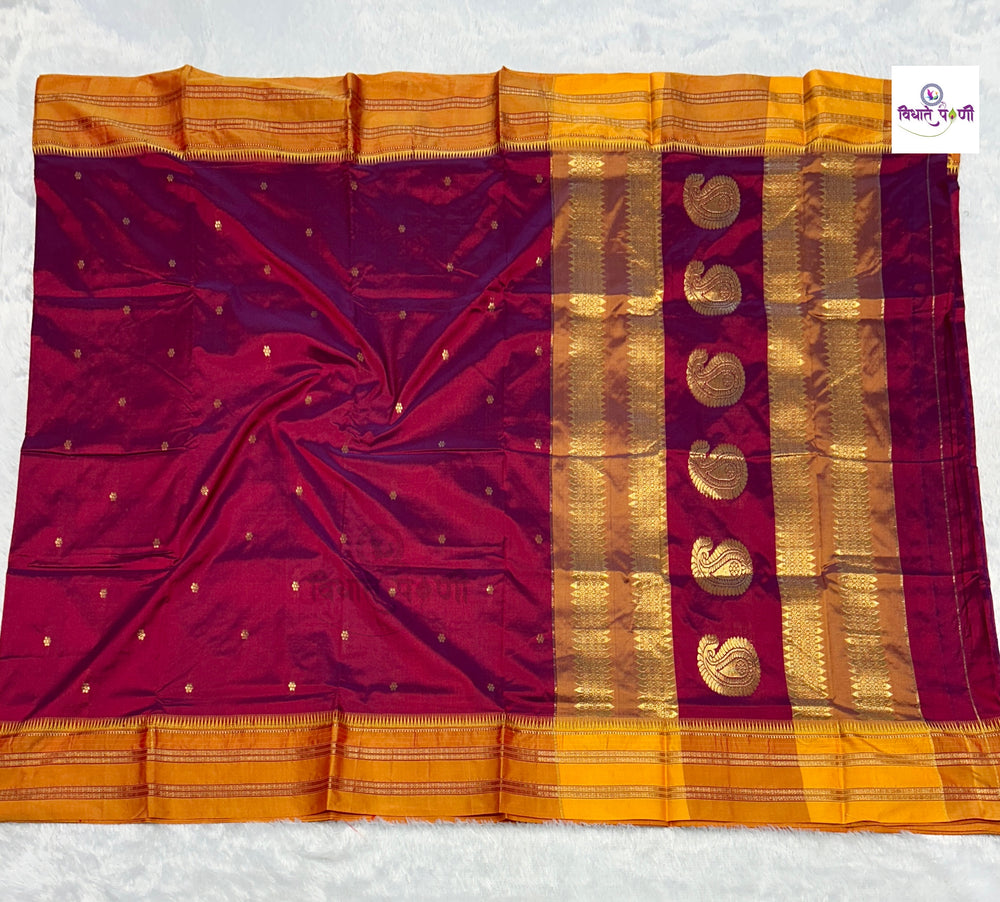 Dalimbi Narayanpeth Single Ply Pure Silk Saree — full saree draped and laid flat — Vidhate Paithani, Yeola
