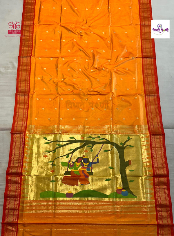 Handloom Pure Silk Chandrakor Butta Paithani Saree - Mango 2