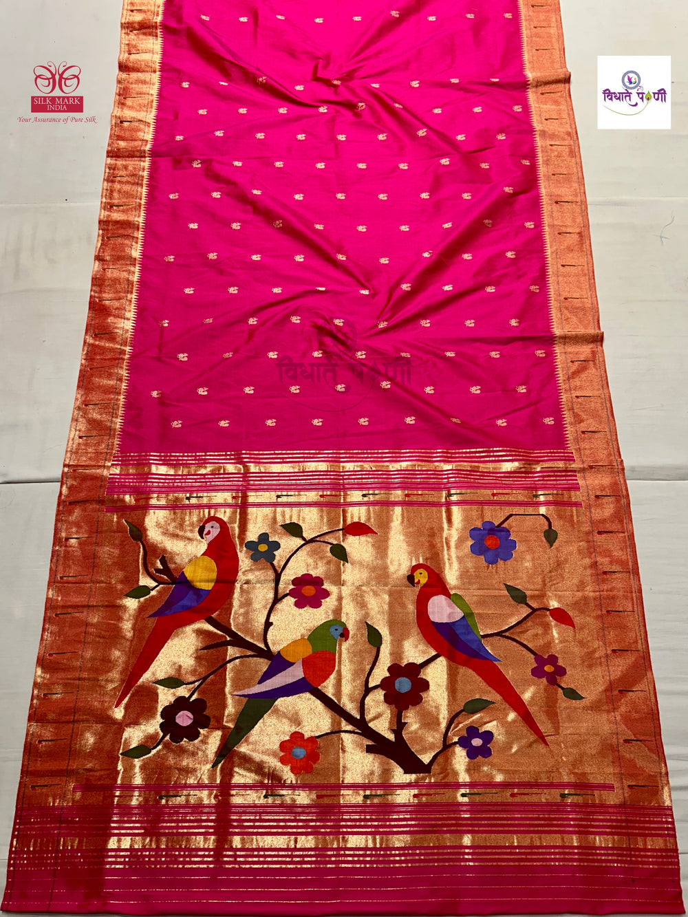 Handloom Pure Silk Single Munia Paithani Saree - Rani Pink