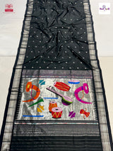 Black Handloom Pure Silk Chandrakor Butta Paithani Saree — full saree draped and laid flat — Vidhate Paithani, Yeola