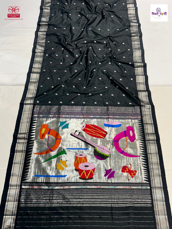 Handloom Pure Silk Chandrakor Butta Paithani Saree - Black