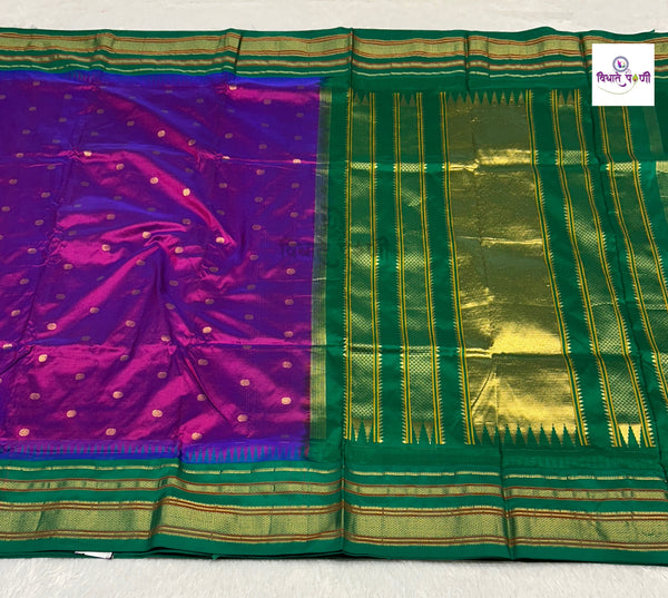 Magenta Traditional Pure Silk Irkal Butta Sarees — full saree draped and laid flat — Vidhate Paithani, Yeola