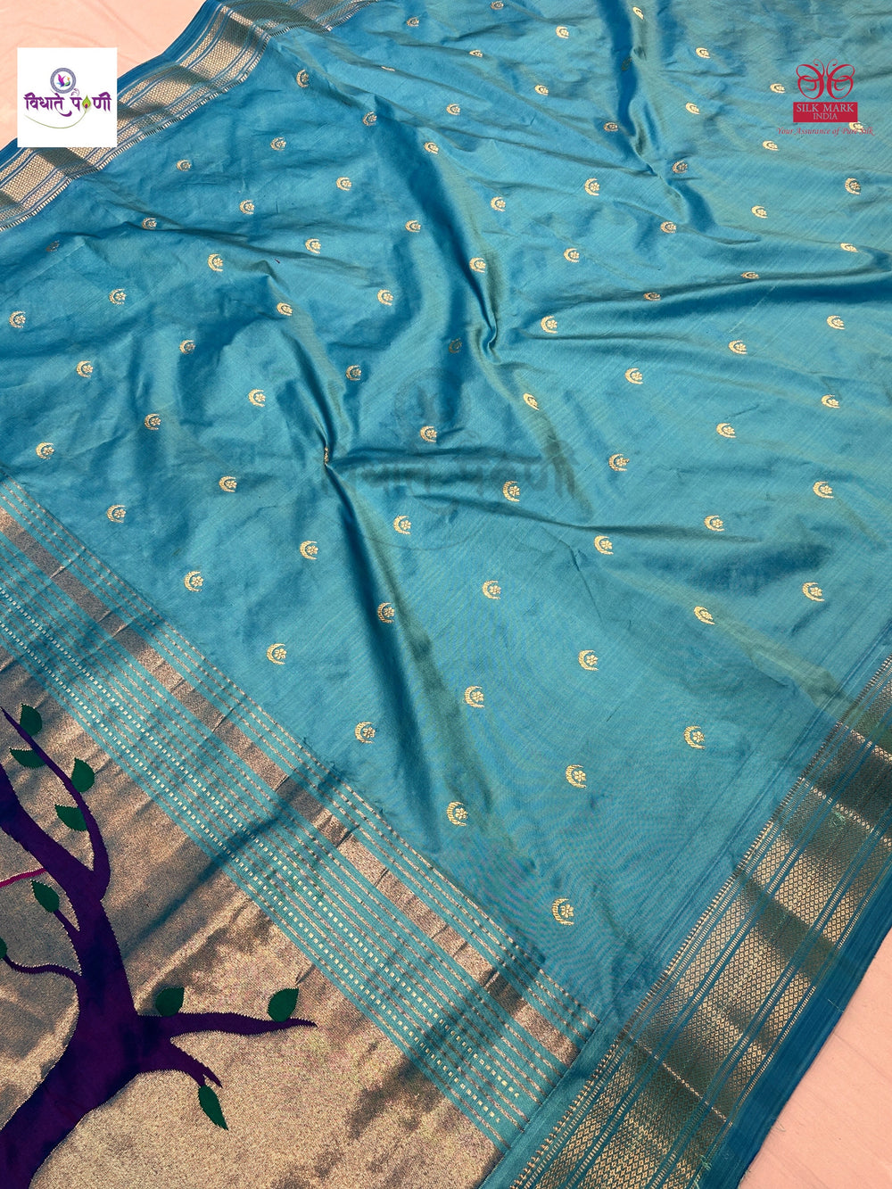 Handloom Pure Silk Chandrakor Butta Paithani Saree - Blue