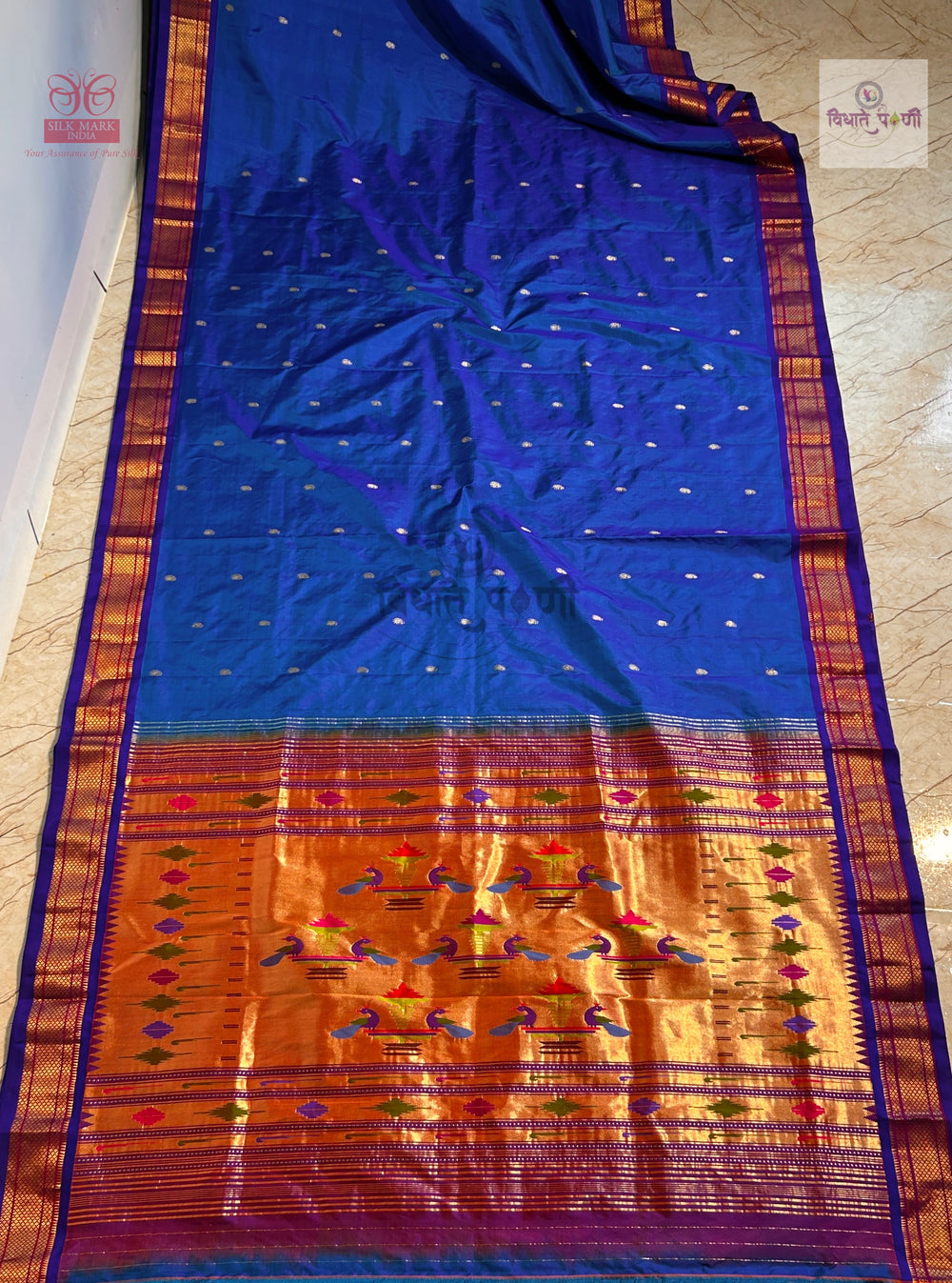 Handloom Pure Silk Double Pallu Paithani Saree - Blue