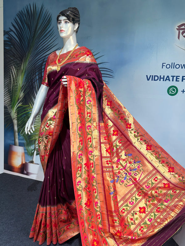 Handloom Pure Silk Half All Over Brocade Paithani Saree- Asawali