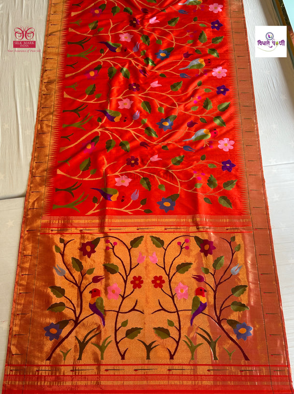 Handloom Pure Silk All Over Brocade Paithani Saree- Orange