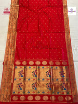 Red Powerloom Pure Silk Triple Munia Paithani Saree — full saree draped and laid flat — Vidhate Paithani, Yeola