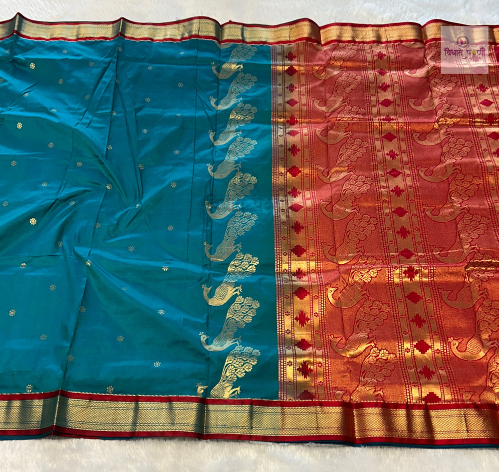 Powerloom Pure Silk Nauvari Paithani Saree- Sea Blue