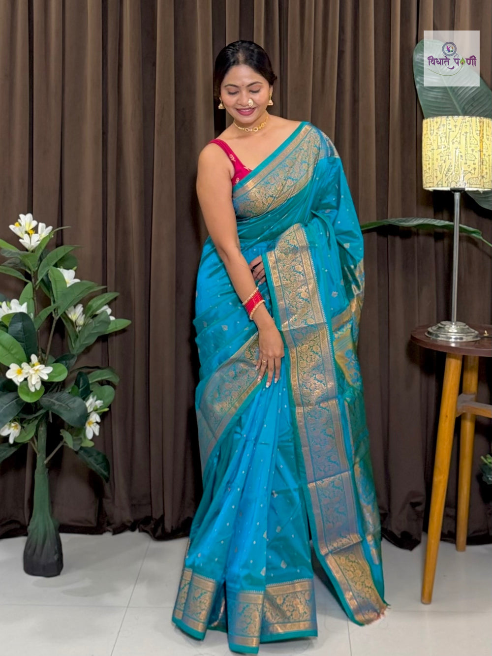 Kalanjali Soft Silk Paithani Saree – Turquoise — border close-up — Vidhate Paithani, Yeola