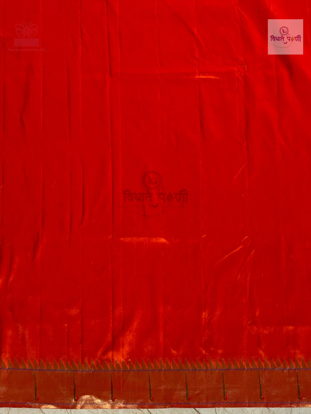 Handloom Pure Silk Single Munia Paithani Saree- Orange — border close-up — Vidhate Paithani, Yeola