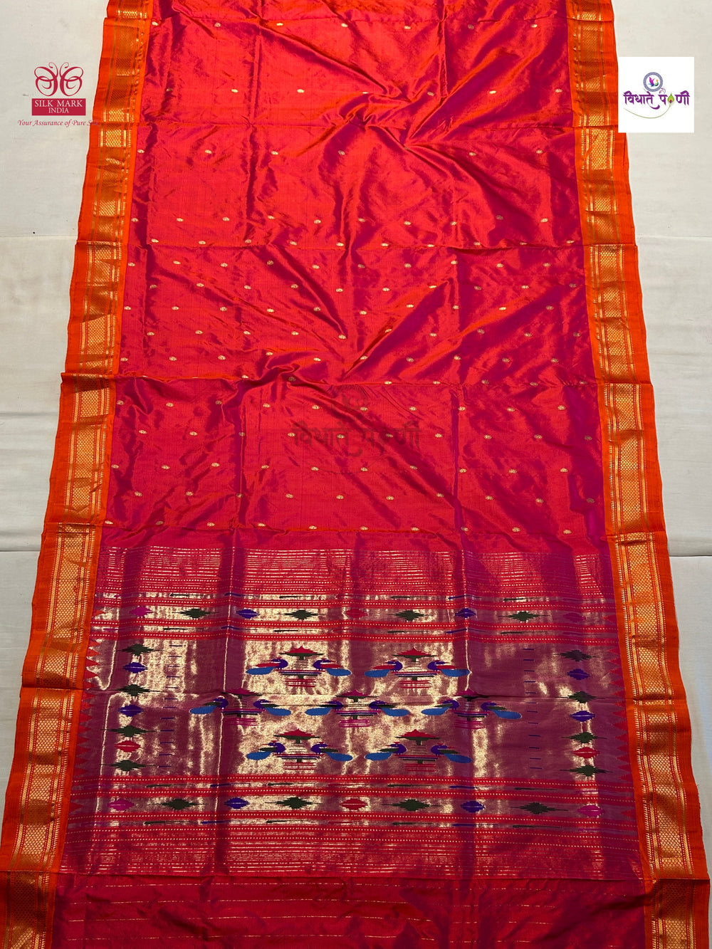 Handloom Pure Silk Double Pallu Paithani Saree - Pink Orange Mix