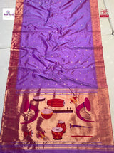 Lavender Handloom Pure Silk Triple Munia Border Paithani Saree — full saree draped and laid flat — Vidhate Paithani, Yeola