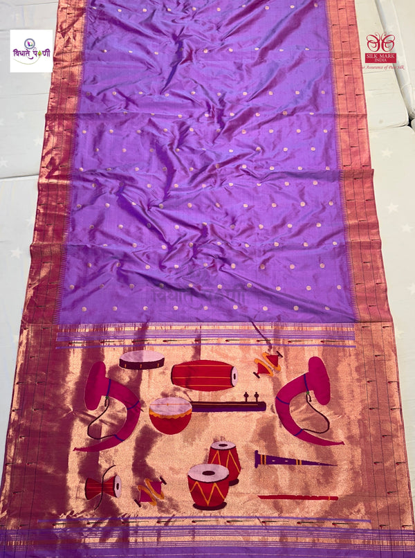Handloom Pure Silk Triple Munia Border Paithani Saree - Lavender 2