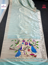 White Handloom Pure Silk Single Munia Paithani Saree — full saree draped and laid flat — Vidhate Paithani, Yeola