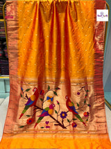 Mango Handloom Pure Silk Single Munia Paithani Saree — full saree draped and laid flat — Vidhate Paithani, Yeola