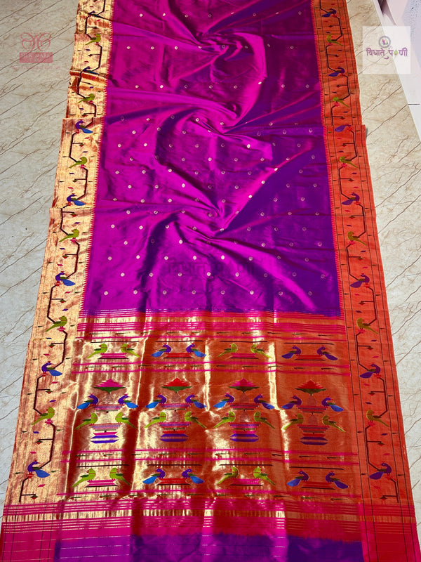 Handloom Pure Silk Paithani Saree - Brocade Border - Magenta — full saree draped and laid flat — Vidhate Paithani, Yeola