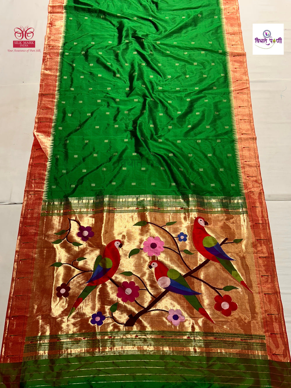 Handloom Pure Silk Single Munia Paithani Saree - Green
