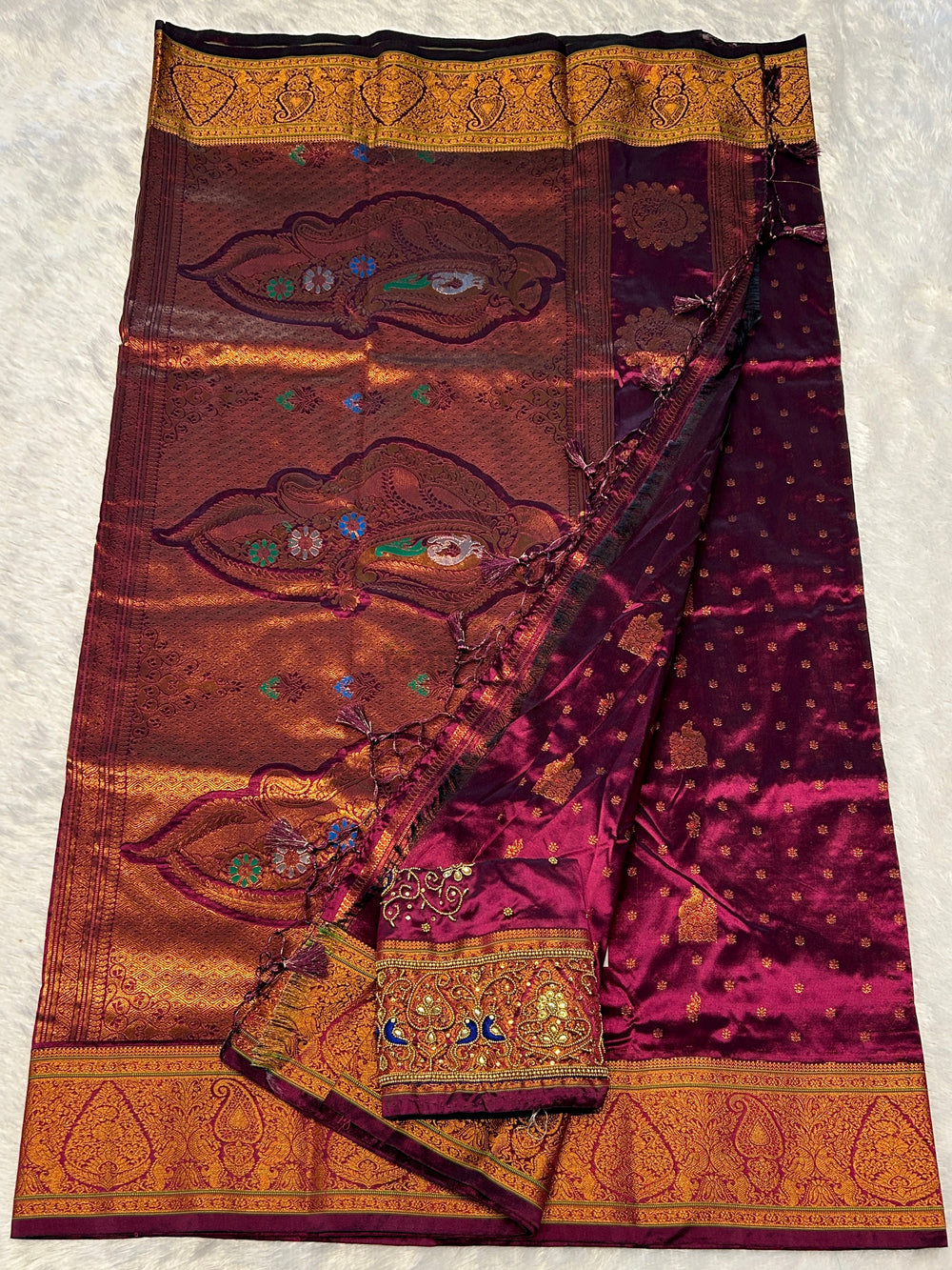 Gadhwal Semi Paithani Saree - Designer Work Blouse - Wine