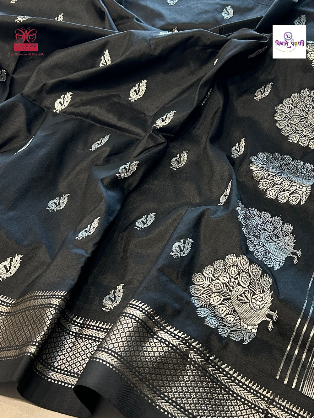 Handloom Pure Silk Silver Zari Paithani - Designer Pallu - Black
