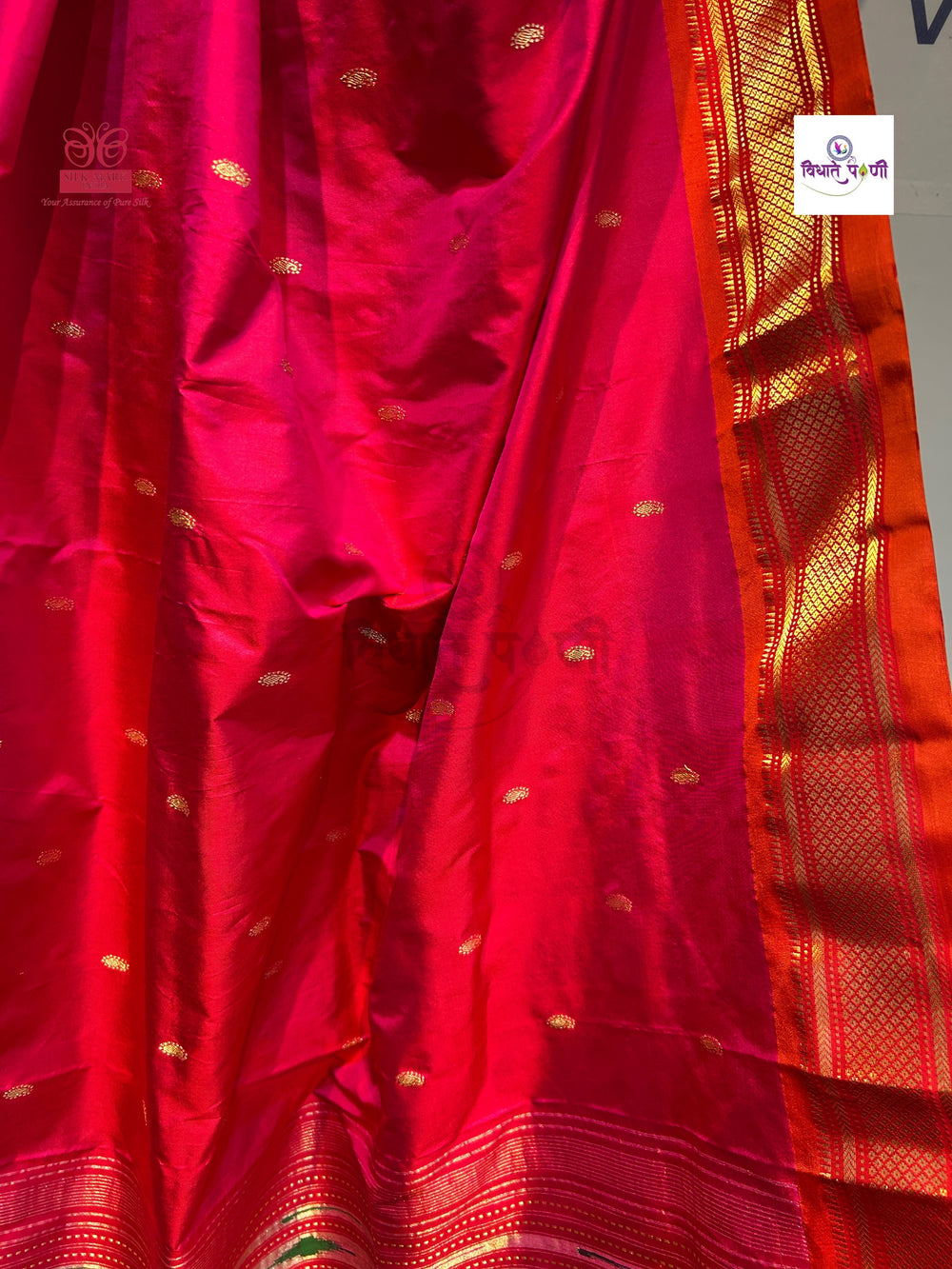Handloom Pure Silk Double Pallu Paithani Saree - Red-Pink Mix