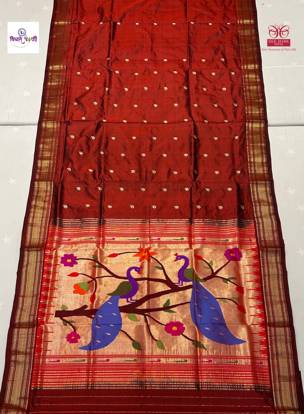 Handloom Pure Silk Chandrakor Butta Paithani Saree - Maroon