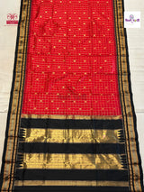 Red Traditional Irkal Pure Silk Checks Saree — full saree draped and laid flat — Vidhate Paithani, Yeola