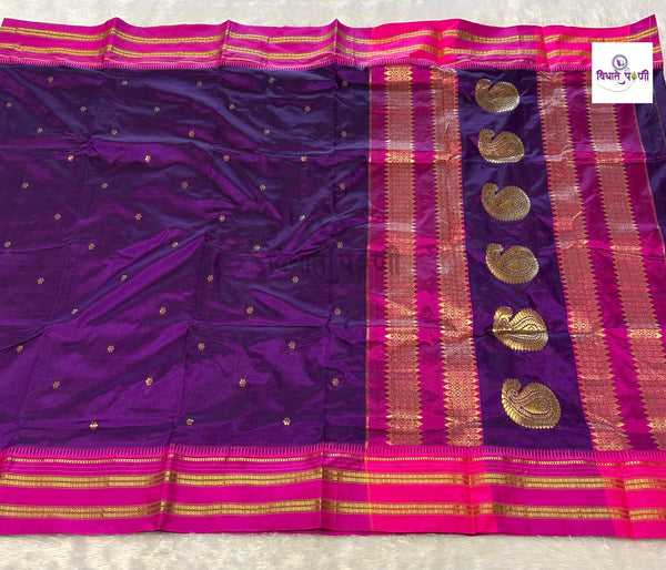 Dark magenta Narayanpeth single ply pure silk saree with zari buttis and a mango motif pallu