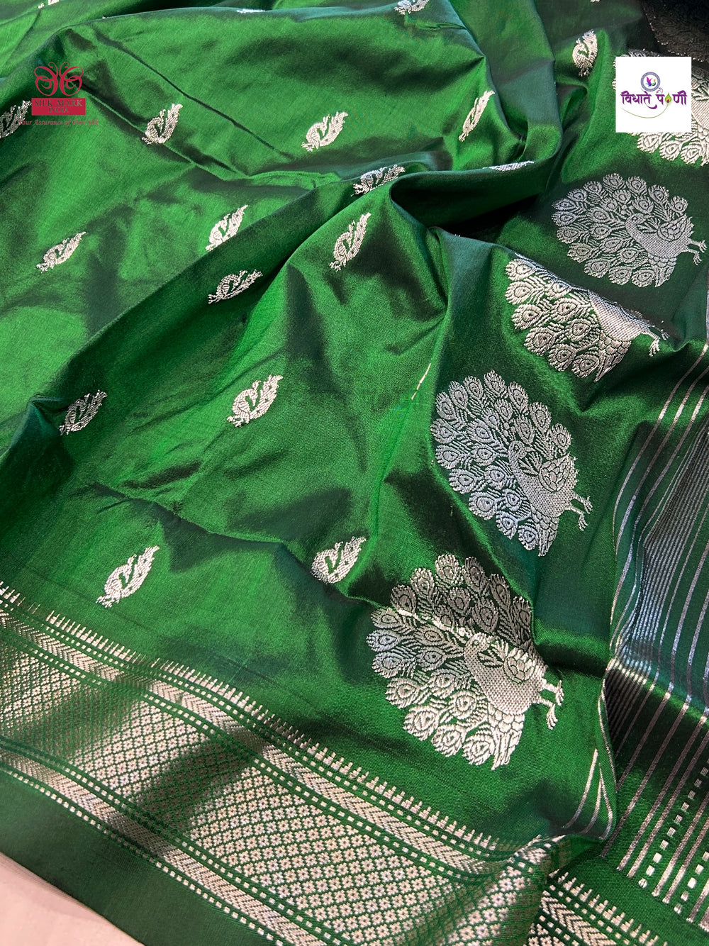 Handloom Pure Silk Silver Zari Paithani - Designer Pallu - Green