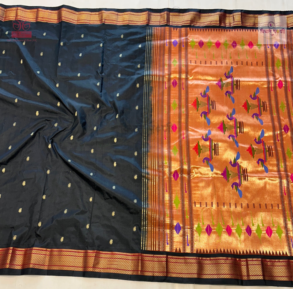 Handloom Pure Silk Double Pallu Paithani Saree - Black