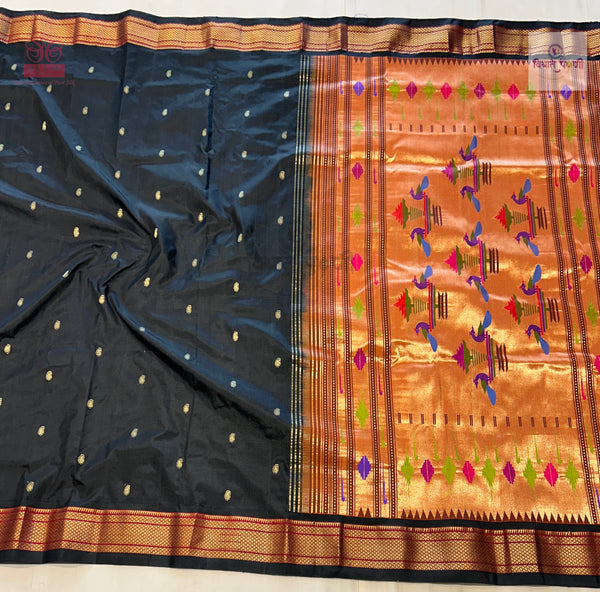 Handloom Pure Silk Double Pallu Paithani Saree - Black