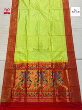 Pastel Green Powerloom Pure Silk Munia Paithani Saree — full saree draped and laid flat — Vidhate Paithani, Yeola