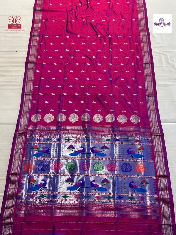 Handloom Pure Silk Silver Zari Paithani - Designer Pallu - Magenta