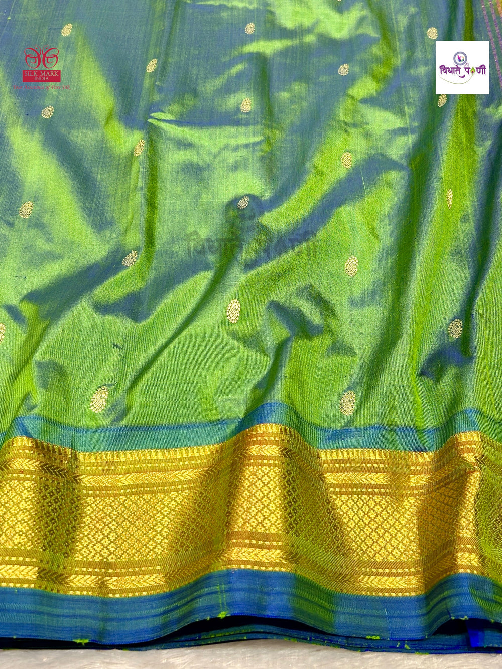 Handloom Pure Silk Double Pallu Paithani Saree - SeaGreen