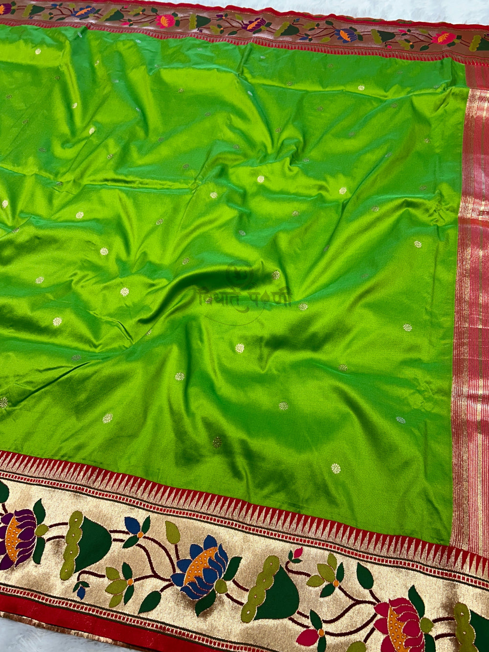 Lotus Border Soft Silk Paithani Sarees - Parrot Green