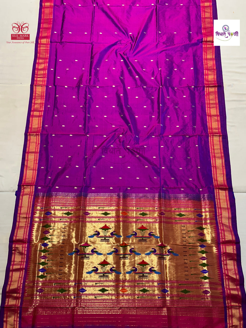 Handloom Pure Silk Double Pallu Paithani Saree - Magenta