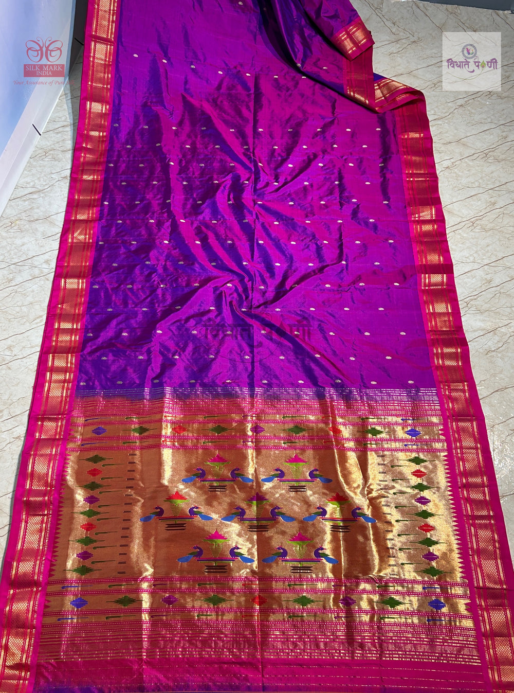 Handloom Pure Silk Double Pallu Paithani Saree - Magenta