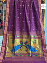 Brinjal Handloom Pure Cotton Paithani Saree - Peacock Pallu — full saree draped and laid flat — Vidhate Paithani, Yeola