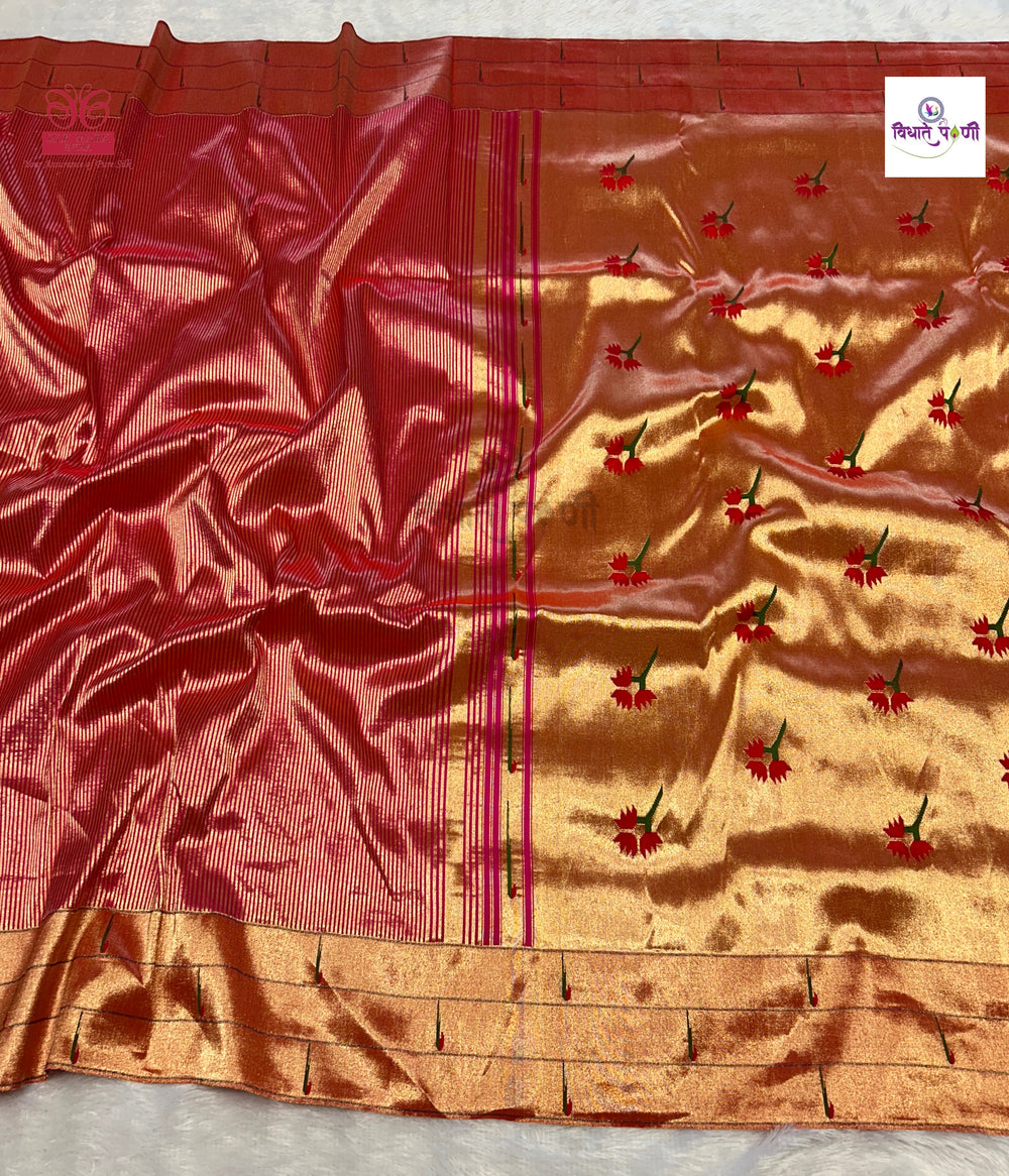 Handloom Pure Silk Triple Munia Border Paithani Saree - Stripes