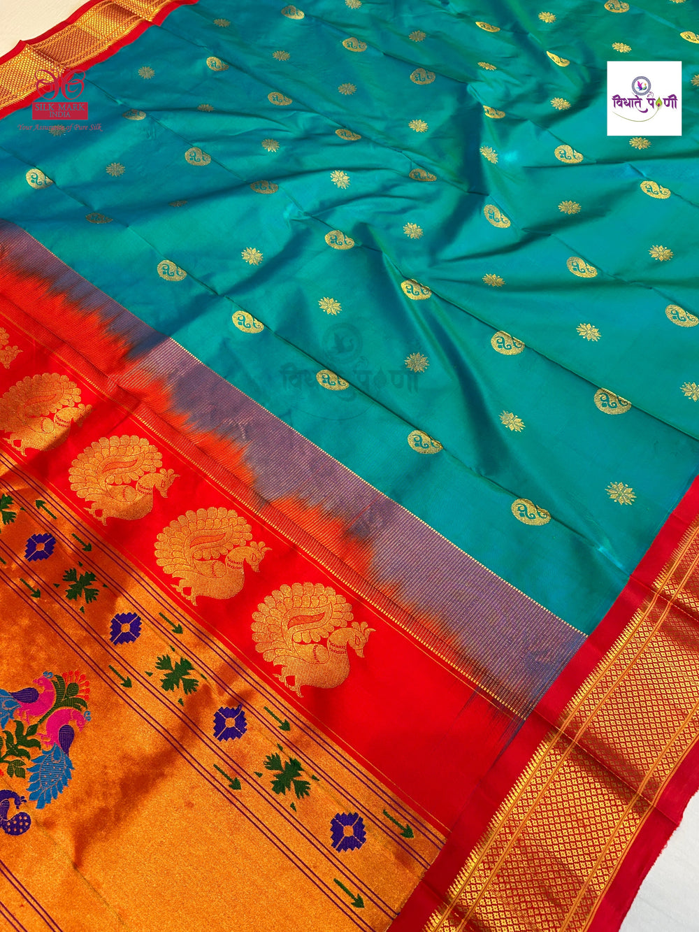 Handloom Pure Silk Maharani Paithani Saree- SeaGreen