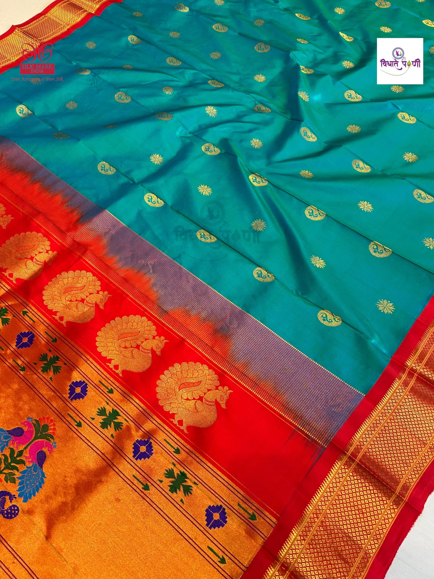 Handloom Pure Silk Maharani Paithani Saree- SeaGreen