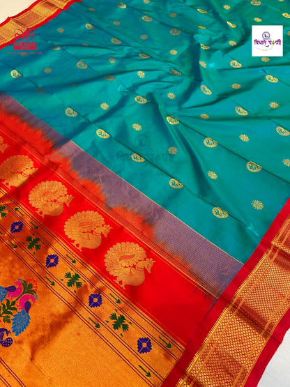 Handloom Pure Silk Maharani Paithani Saree- SeaGreen